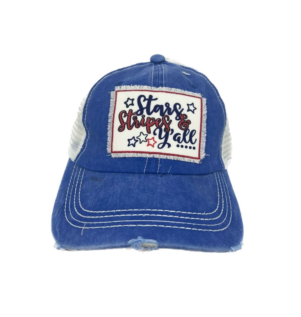 Stars Stripes & Y'all Patch on Blue Distressed Hat with Tan Mesh
