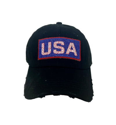 Glitter USA patch on Black Distressed Hat