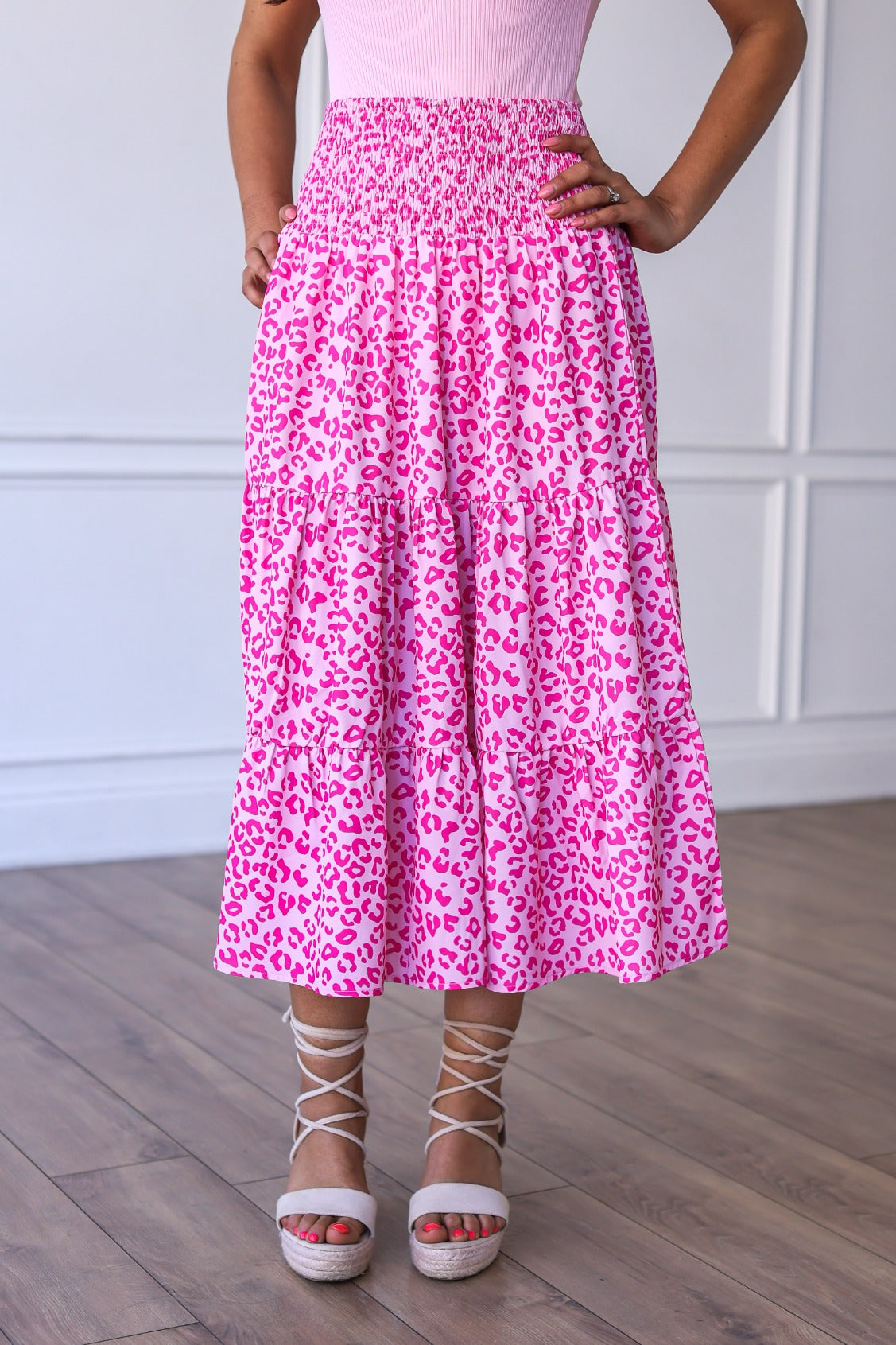 The Marilyn Midi Skirt in Pink Leopard