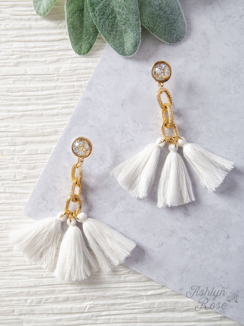 Speak to Me with Gold Chains Tassel Earrings, White