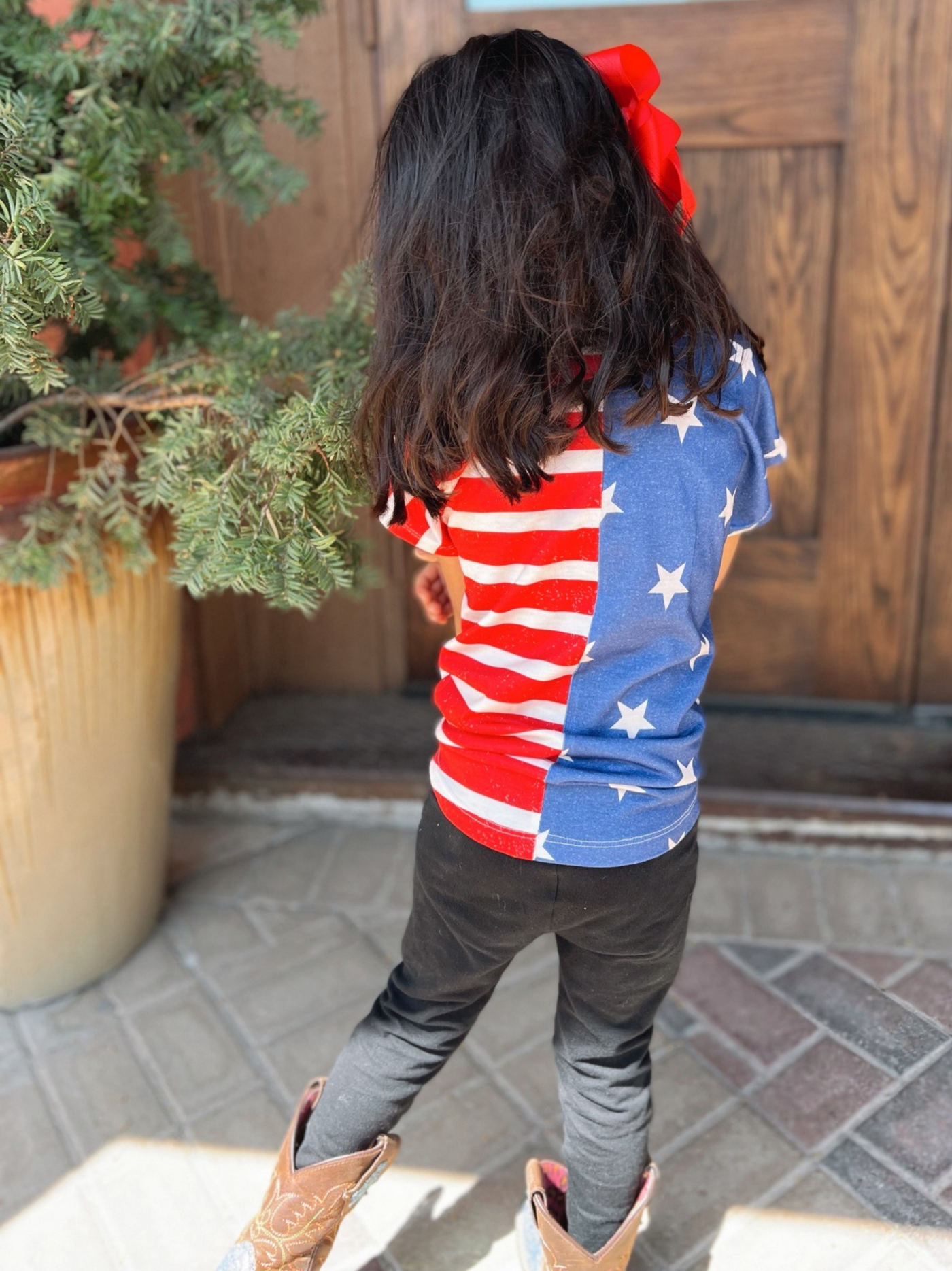 Girls patriotic stars and stripes short sleeve with front knot