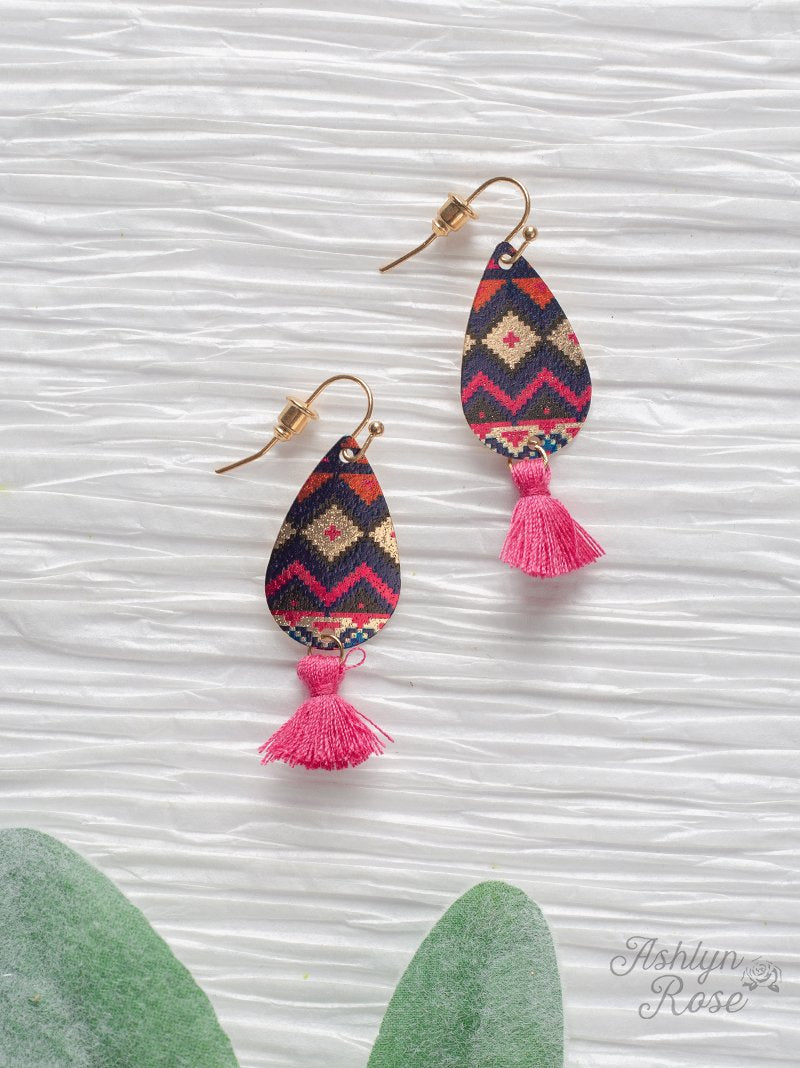 Dainty Details Metal and Fringe Earrings, Fuchsia