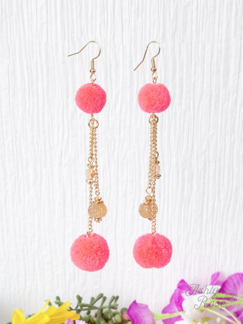 Double The Pom Earrings, Hot Pink