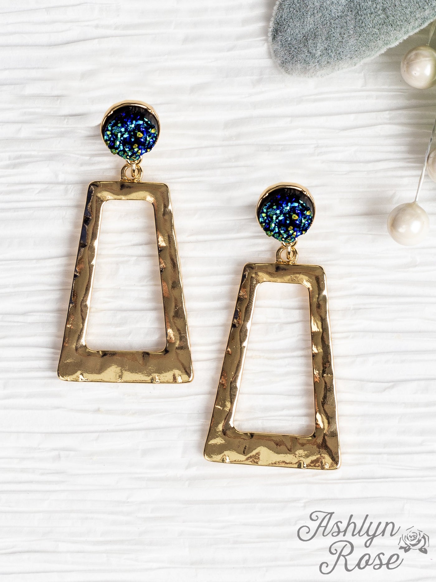 Don't Box Me In Gold Rectangular Hoops with Raw Stud, Blue