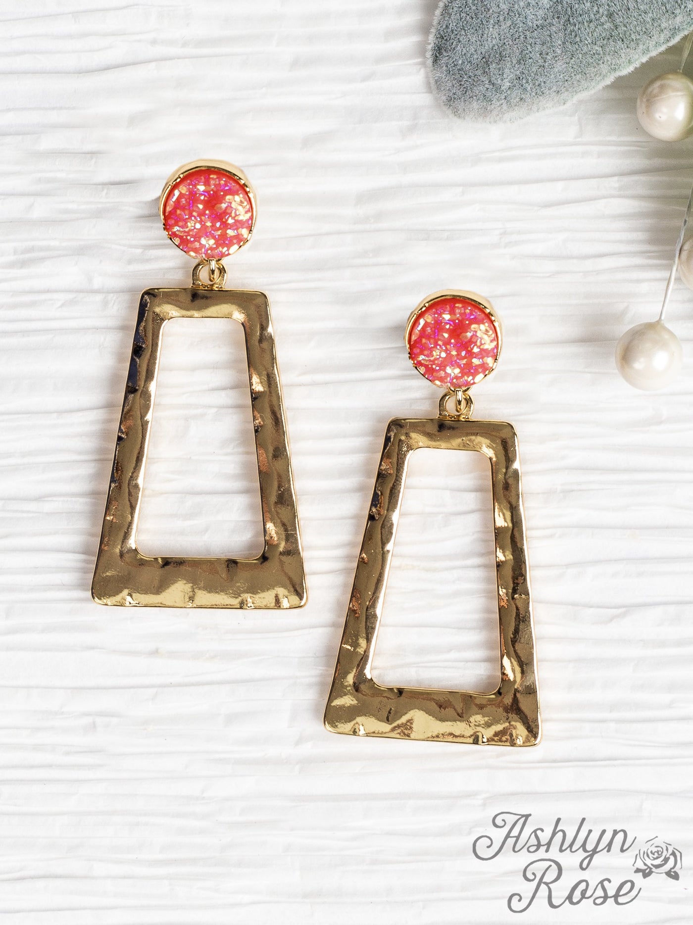 Don't Box Me In Gold Rectangular Hoops with Raw Stud, Pink