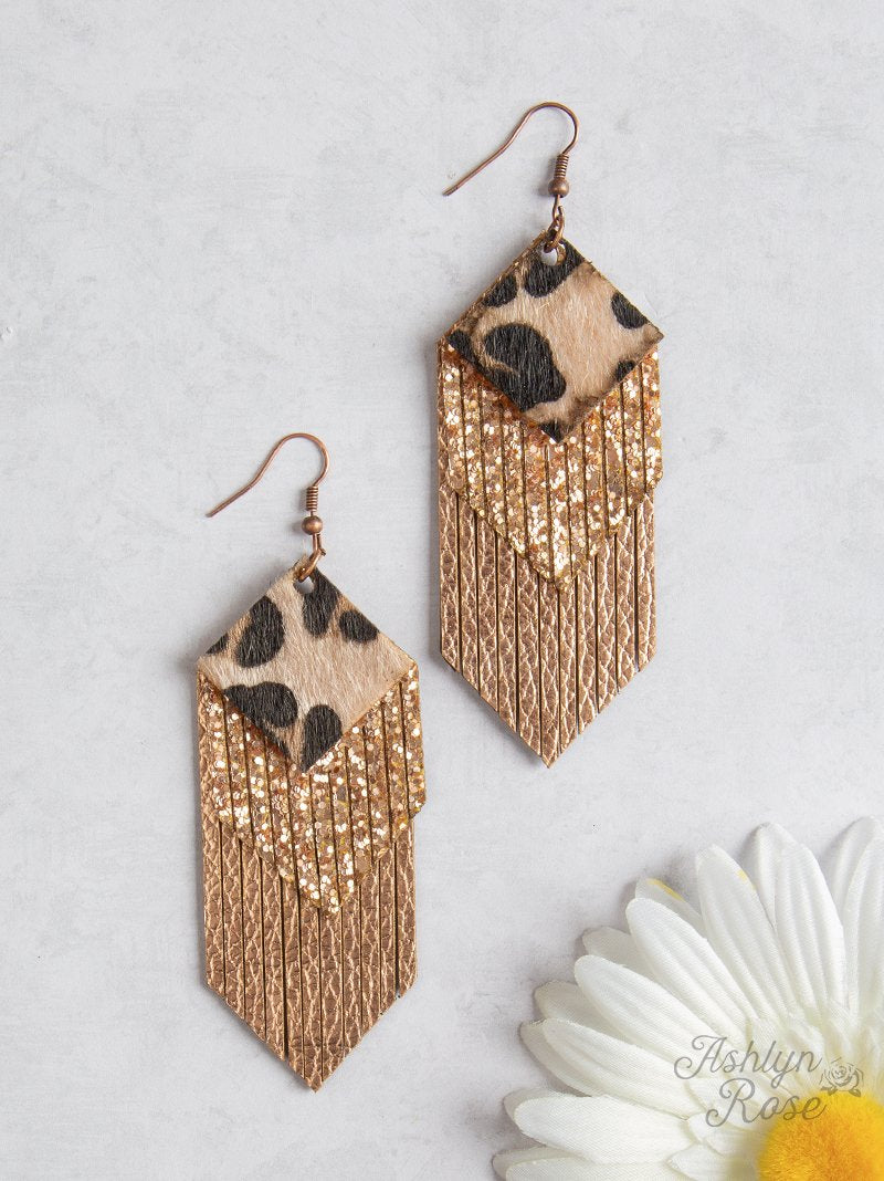 Fringe for Days Earrings, Gold and Leopard