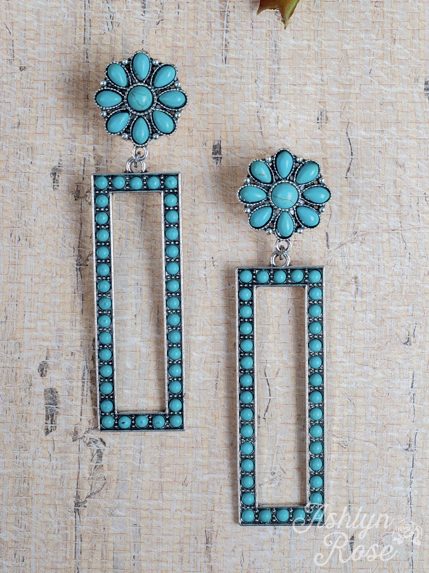 Ace-High Stoned Rectangle Earrings with Flower Stud, Turquoise