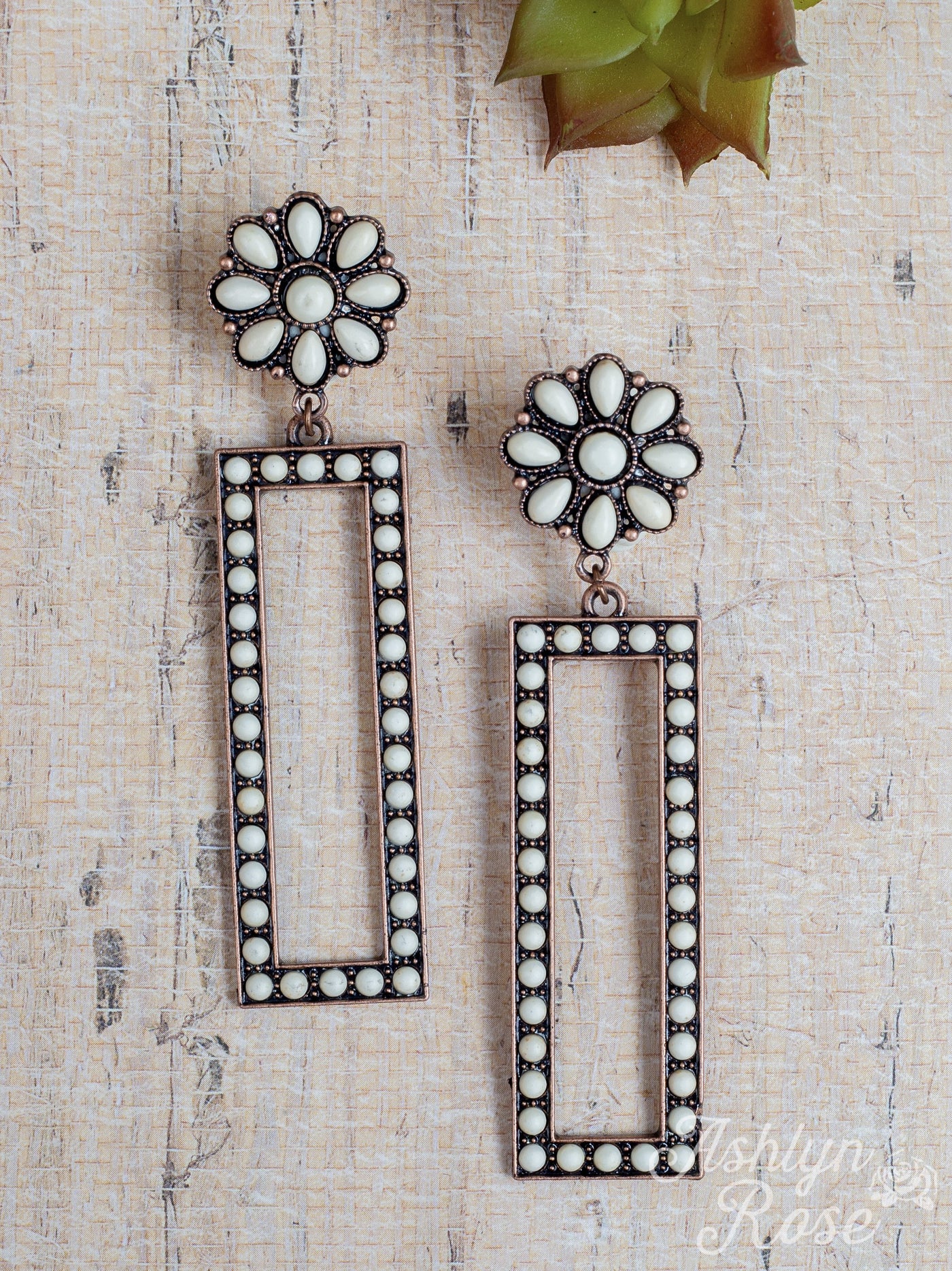 Ace-High Stoned Rectangle Earrings with Flower Stud, Cream