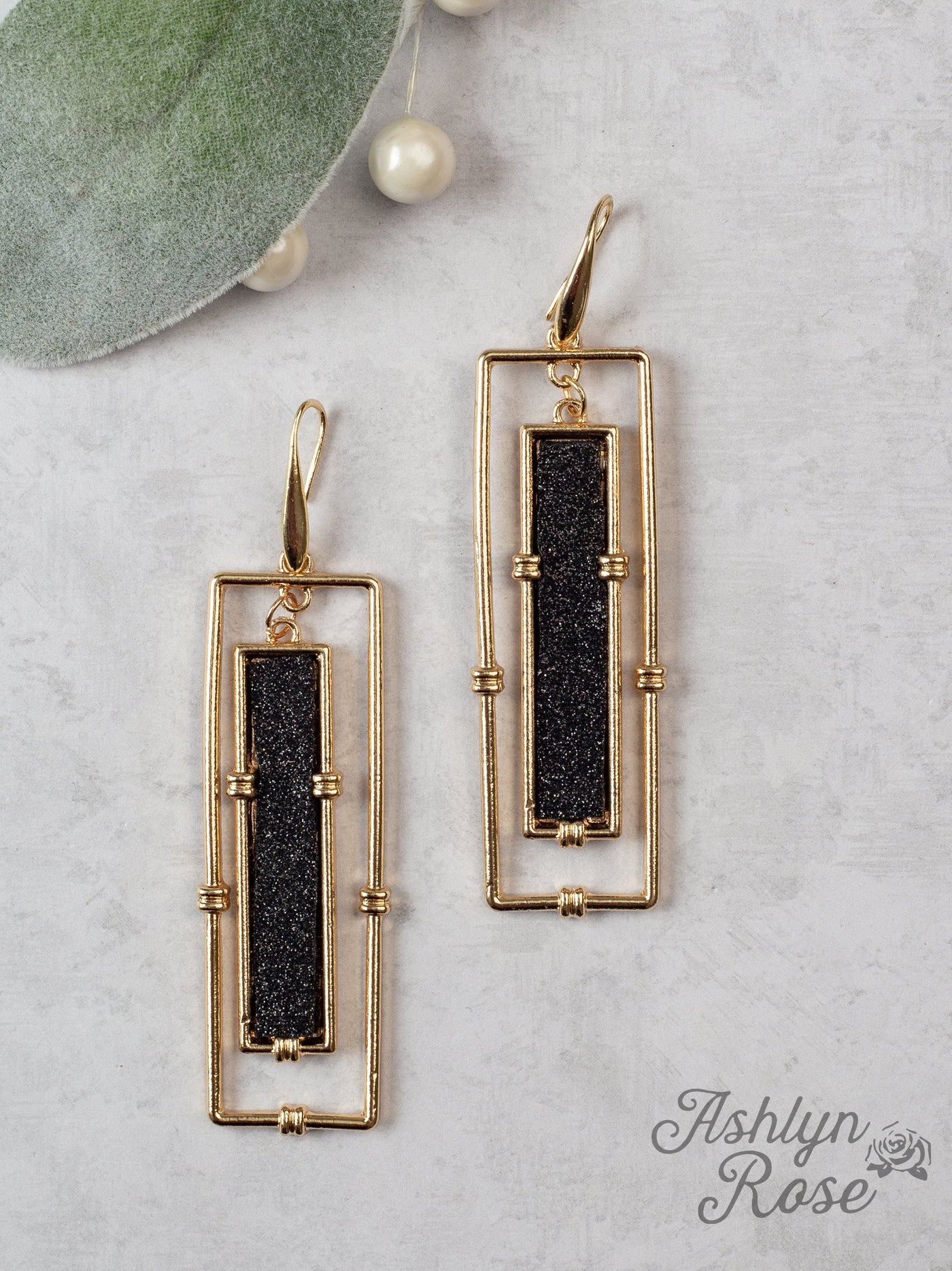 Think Outside Of The Frame Black And Gold Rectangular Earrings