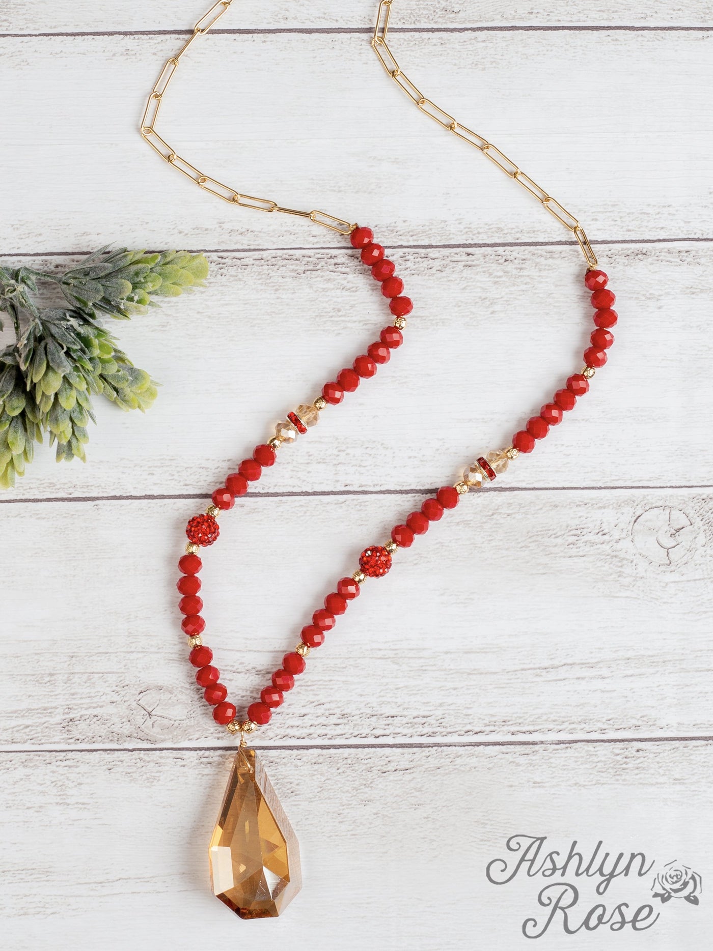 Take Your Time Beaded Necklace with Teardrop Stone, Red
