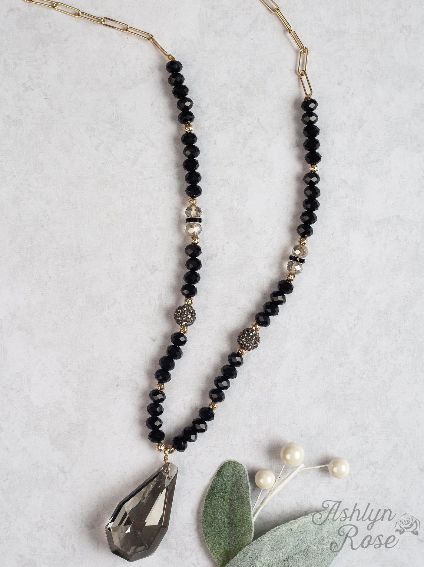 Take Your Time Beaded Necklace with Teardrop Stone, Black
