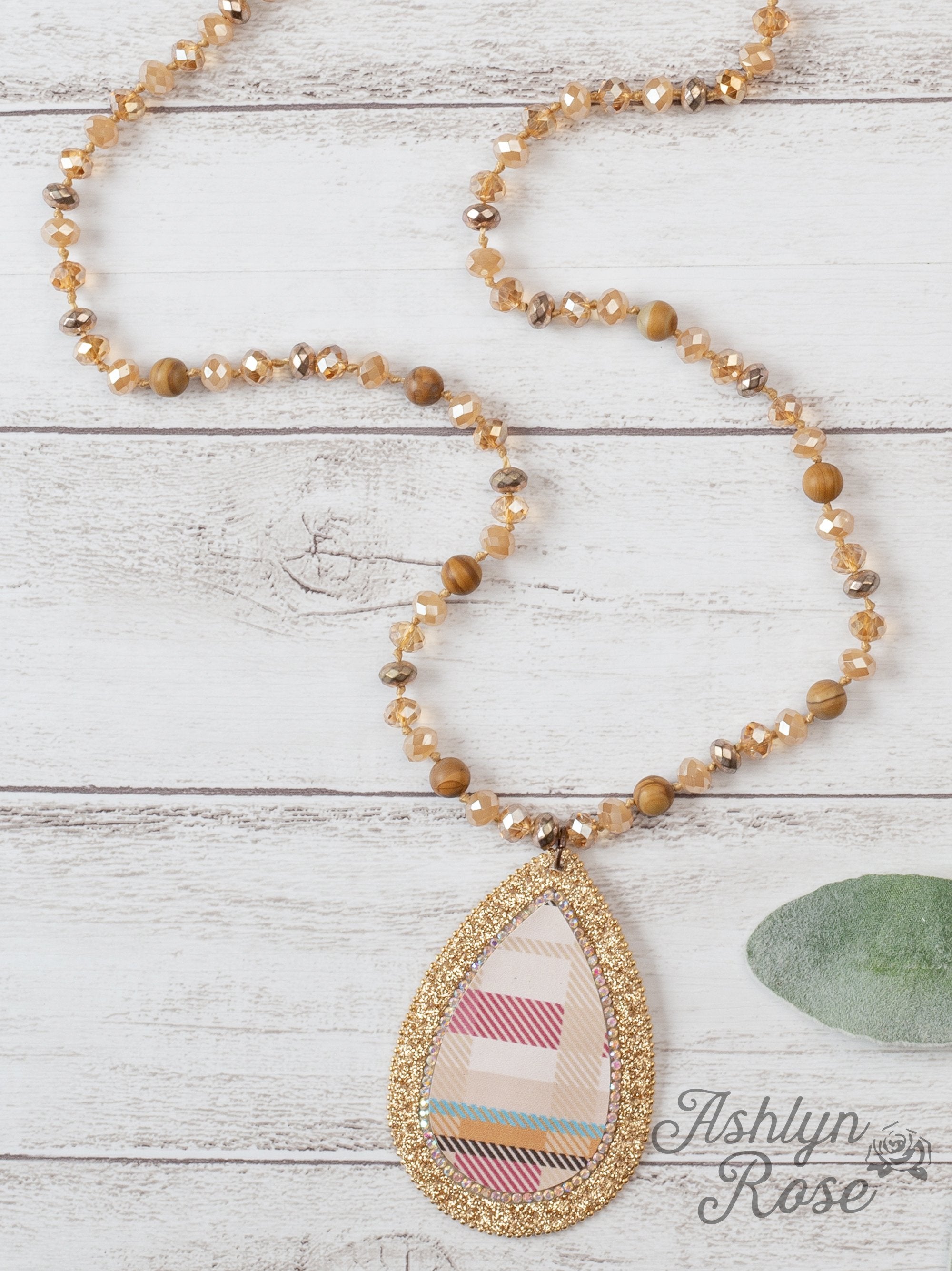 Never Plaid So Well Cream Beaded Necklace With Gold And Multi-Colored Plaid Pendant