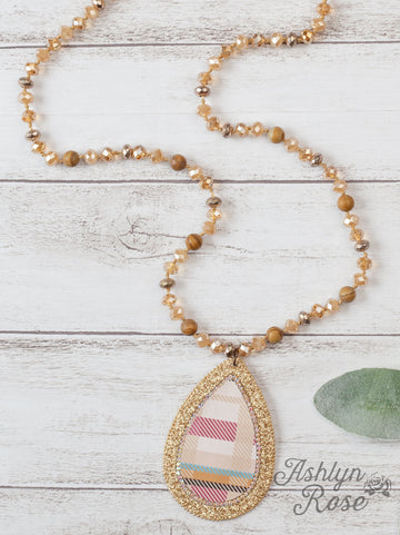 Never Plaid So Well Cream Beaded Necklace With Gold And Multi-Colored Plaid Pendant