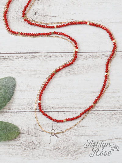 Glitz, Glam, Simple Strands Double Beaded Red Necklace with A Gold Chain