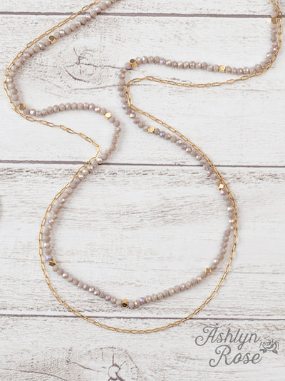 Glitz, Glam, Simple Strands Double Beaded Grey Necklace with A Gold Chain