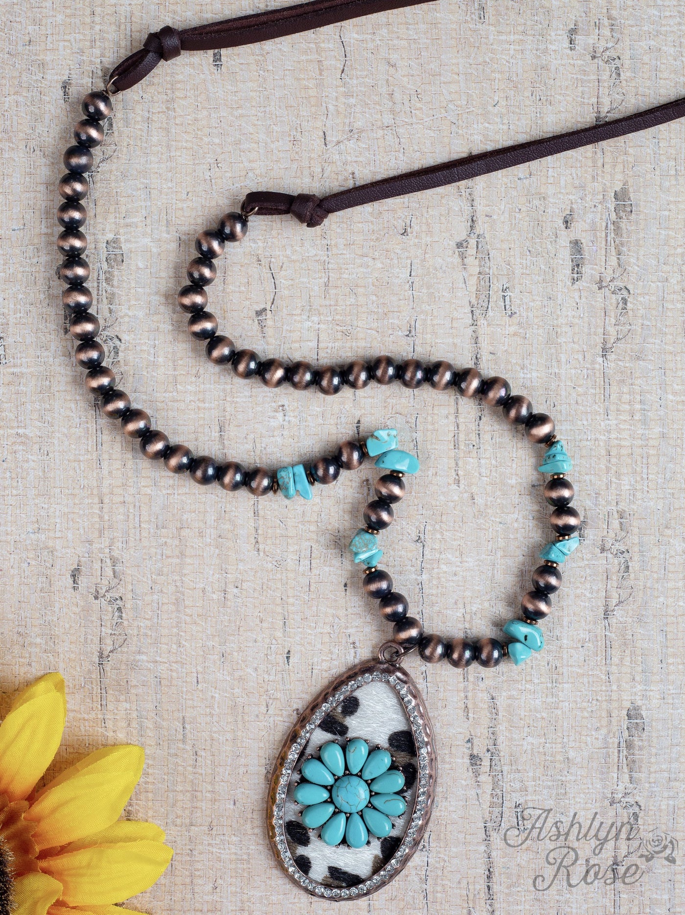 Western Gal Leopard Teardrop Necklace with Bronze and Turquoise
