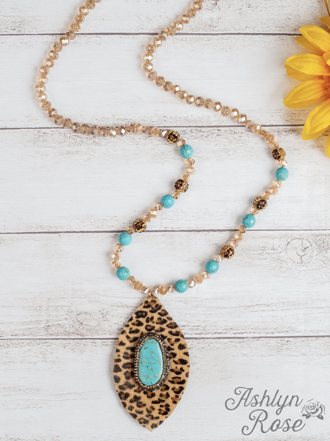 The Git Up Teardrop Beaded Necklace with Center Bedazzled Stone, Brown Leopard