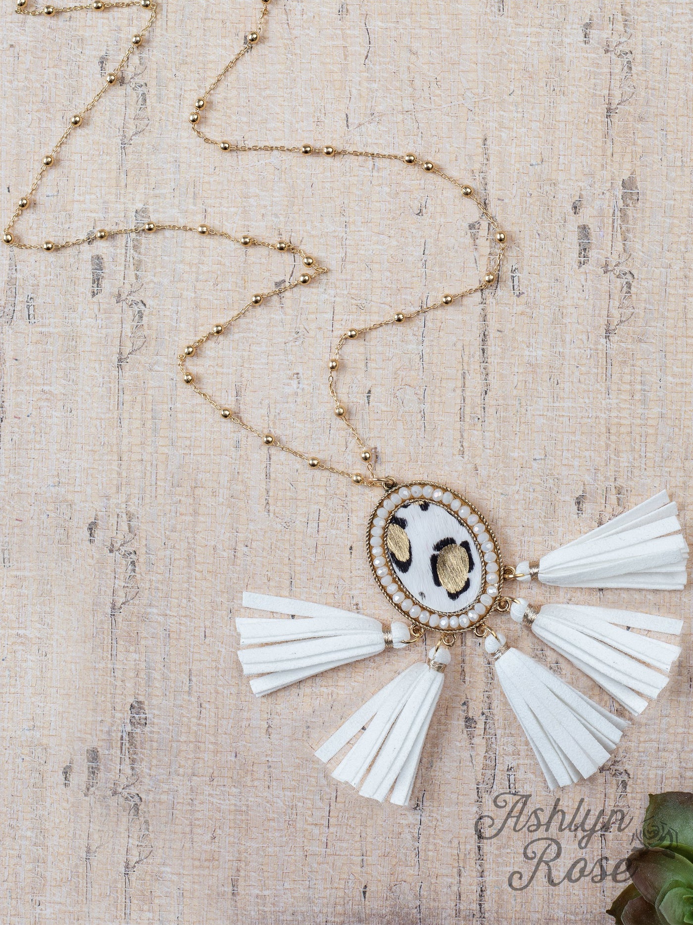 Saddle Up White Leopard Hide Necklace With White Suede Tassel