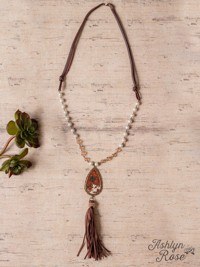 Call Me Crazy Brown Leather with Pearl and Cowhide Pendant with Tassel