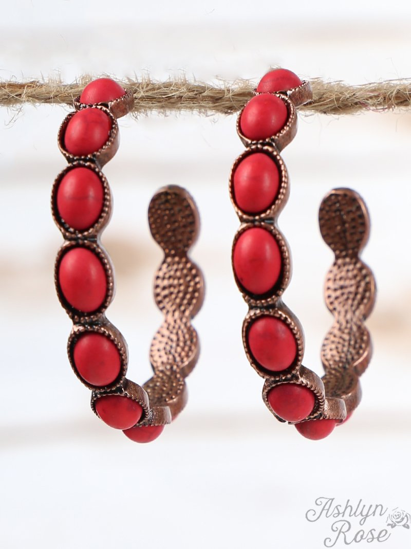 Small Oval Red Stone Hoop Earrings, Copper