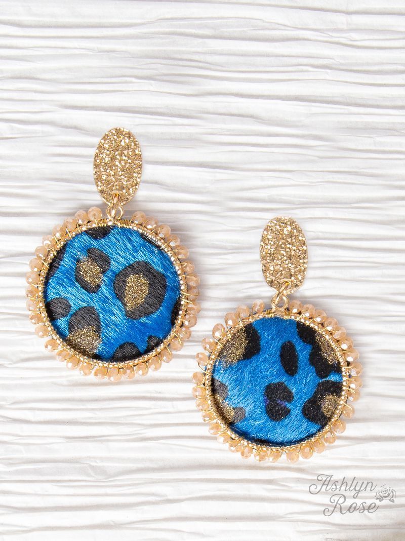 Leopard Mirror On The Wall Circle Earrings, Blue