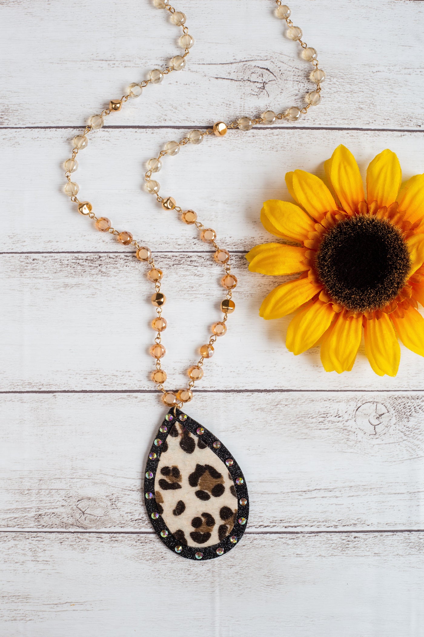 Forever and Ever Beaded Teardrop Necklace with Leopard and Studs