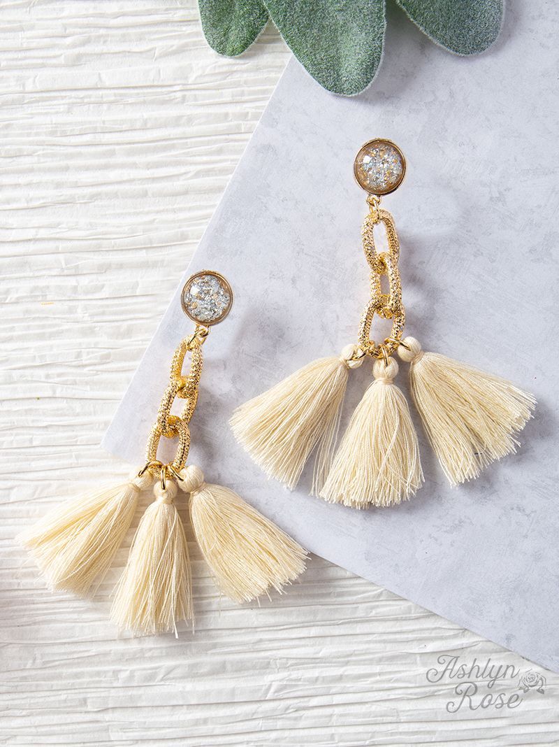 Speak to Me with Gold Chains Tassel Earrings, Cream