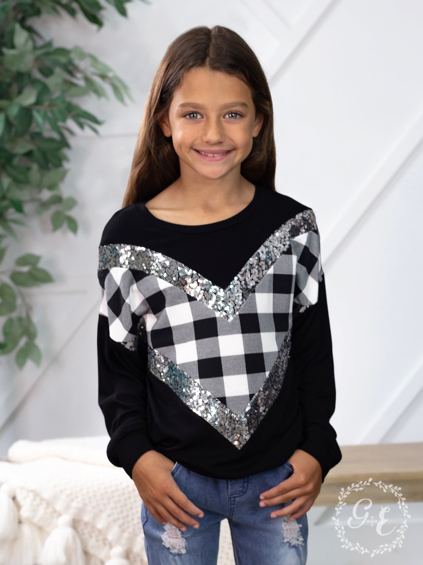 Girls What Love Is Round Neck Drop Long Sleeve with Sequins, Black