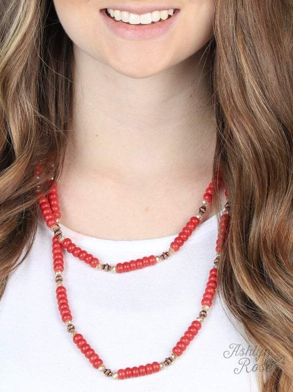 Red Fun Beaded Double Wrap Necklace with Copper Accent