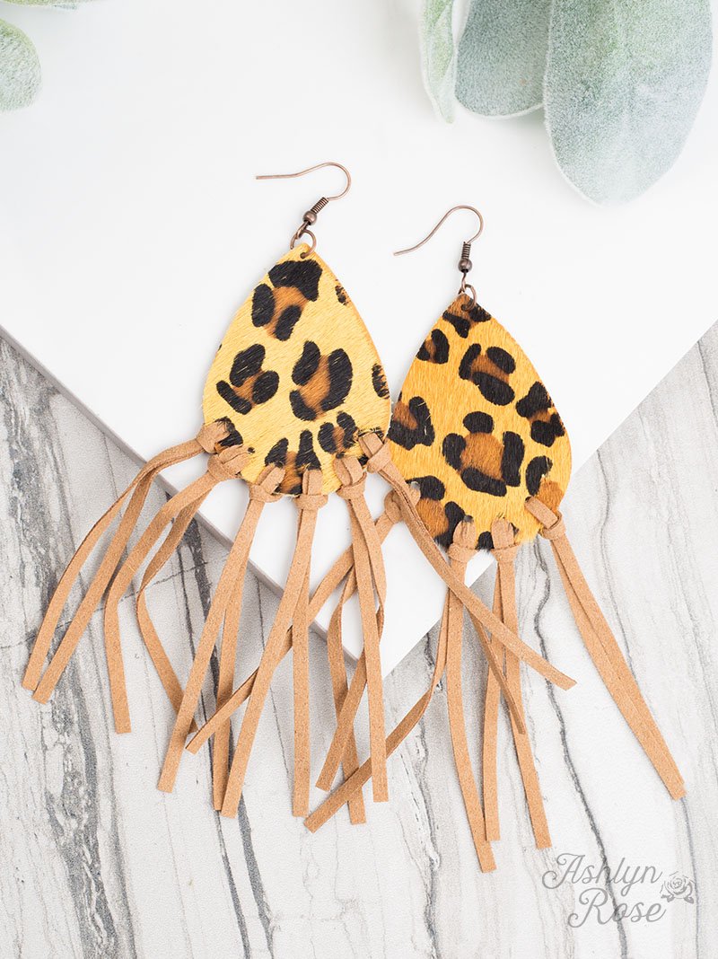 Let's Be Fringe Animal Print Leather Drop Earrings, Yellow Leopard